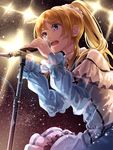  ayase_eli bad_id bad_pixiv_id blonde_hair blue_eyes kira-kira_sensation! light_particles long_hair love_live! love_live!_school_idol_project microphone_stand open_mouth ponytail solo sparkle spotlight yasuno_(airy_light) 