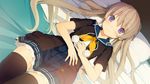  1girl akinashi_yuu ao_no_kanata_no_four_rhythm arisaka_mashiro bed black_legwear blonde_hair blush breasts game_cg highres legs long_hair looking_at_viewer lying on_back pillow purple_eyes school_uniform small_breasts solo sprite_(company) thighs twintails 