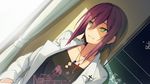  1girl akinashi_yuu ao_no_kanata_no_four_rhythm breasts collarbone cross cross_necklace curtains game_cg highres kagami_aoi labcoat large_breasts looking_away purple_hair short_hair sitting smile solo sprite_(company) sunlight window yellow_eyes 