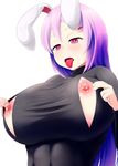  absurdres animal_ears breasts bunny_ears denki_(biribiri) heart heart-shaped_pupils highres huge_breasts lactation long_hair nippleless_clothes nipples nursing_sweater open_mouth purple_hair red_eyes reisen_udongein_inaba solo sweater symbol-shaped_pupils tongue tongue_out touhou upper_body very_long_hair 