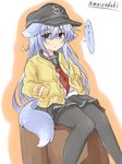  animal_ears bad_id bad_pixiv_id blue_eyes dog_ears dog_tail hands_in_pockets hibiki_(kantai_collection) jacket kantai_collection kemonomimi_mode long_hair looking_at_viewer musouzuki neckerchief pantyhose school_uniform serafuku silver_hair sitting skirt solo tail 