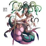  armlet bangle bracelet breasts eudetenis full_body gorgon green_hair grin jewelry lamia long_hair medium_breasts monster_girl navel polearm project_ap red_eyes scales simple_background smile snake_hair solo trident twintails weapon white_background 