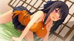  1girl akinashi_yuu all_fours ao_no_kanata_no_four_rhythm bare_shoulders barefoot bed black_hair blush breasts feet game_cg highres huge_breasts legs long_hair looking_back open_mouth pink_eyes skirt solo sprite_(company) sweat thighs tobisawa_misaki toes 
