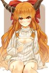  bow brown_eyes brown_hair clothes_tug downscaled flat_chest hair_bow highres horns ibuki_suika jpeg_artifacts long_hair looking_at_viewer md5_mismatch meme_attire naked_sweater nishiuri open-chest_sweater resized ribbed_sweater sitting smile solo sweater sweater_tug touhou turtleneck very_long_hair 