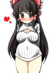  black_eyes black_hair blush bottomless bow breasts cleavage cleavage_cutout gaoo_(frpjx283) hair_bow hair_tubes hakurei_reimu heart highres large_breasts long_hair meme_attire naked_sweater open-chest_sweater ribbed_sweater solo sweater touhou white_background 