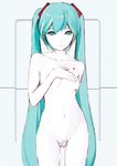  aqua_eyes aqua_hair blush breasts collarbone covering covering_breasts covering_crotch cowboy_shot grey_background groin hatsune_miku highres light_smile lips long_hair looking_at_viewer malcolm_x_(artist) navel nude sketch small_breasts solo tattoo twintails very_long_hair vocaloid white_skin 