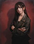  bangs black_hair blunt_bangs cowboy_shot crossed_arms highres imai_takahiro jacket leather leather_jacket long_hair looking_away oil_painting_(medium) original realistic solo traditional_media 