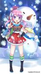  :d hair_ornament jin_young-in long_hair looking_at_viewer million_arthur_(series) open_mouth pink_hair pointing pointing_at_viewer purple_eyes scarf smile snowing snowman snowman_hair_ornament solo twintails 