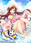  :d anklet barefoot brown_hair company_name copyright_name dog dutch_angle feet green_eyes hair_ornament in_water innertube jewelry long_hair looking_at_viewer official_art open_mouth renta_(deja-vu) sitting smile soles tenka_touitsu_chronicle veil 