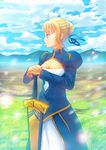  ahoge artoria_pendragon_(all) avalon_(fate/stay_night) bad_id bad_pixiv_id blonde_hair cloud day dress excalibur fate/stay_night fate_(series) fateline_alpha field green_eyes highres planted_sword planted_weapon saber sheath sheathed sky solo sword weapon 