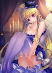  bare_shoulders bat_hair_ornament blonde_hair bow breasts candelabra candle cleavage finger_to_mouth goroo gyakushuu_no_fantasica hair_ornament knees_up large_breasts legs_together long_hair official_art pink_eyes pointy_ears purple_legwear smile solo thighhighs very_long_hair white_bow 