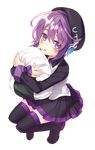  black_legwear food full_body hat highres looking_at_viewer onigiri open_mouth pillow pillow_hug pleated_skirt purple_eyes purple_hair renta_(deja-vu) short_hair skirt solo thighhighs transparent_background utane_uta utau zettai_ryouiki 