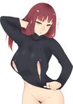  arm_up bottomless breasts cowboy_shot grey_eyes highres huge_breasts lips long_hair nippleless_clothes nipples nursing_sweater original pubic_hair red_eyes simple_background solo sweater turtleneck white_background yui.h 