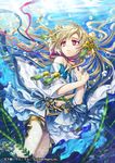  blurry brown_hair depth_of_field detached_sleeves double_bun hair_ornament long_hair navel official_art purple_eyes renta_(deja-vu) solo submerged tenka_touitsu_chronicle underwater 