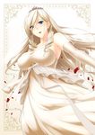  absurdres bare_shoulders blonde_hair breasts bridal_veil celia_kumani_entory dress drill_hair elbow_gloves gloves highres large_breasts long_hair looking_at_viewer no.gomesu petals solo tiara veil walkure_romanze wedding_dress white_dress white_gloves 