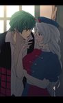  1girl banned_artist blue_eyes chikage_(kinokodou) finger_to_mouth genderswap genderswap_(ftm) green_hair hat hetero kazami_yuuka long_hair md5_mismatch open_collar red_eyes silver_hair touhou yagokoro_eirin 