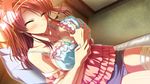  1boy 1girl bandage blush bra breast_grab breasts cleavage eyes_closed game_cg grabbing large_breasts long_hair minakawa_sui minori natsuzora_no_perseus necklace red_hair shouna_mitsuishi smile takasaki_mako underwear yuzuna_hiyo 