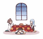  black_hair blue_hair brown_hair hanokage hatsukaze_(kantai_collection) kantai_collection kotatsu long_hair multiple_girls sleeping smile snow table tokitsukaze_(kantai_collection) uniform yukikaze_(kantai_collection) 