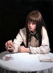  alcohol asian bangs black_background black_ribbon blouse blunt_bangs brown_eyes brown_hair cloth cup drinking_glass frilled_sleeves frills half-closed_eyes imai_takahiro long_hair long_sleeves looking_away original realistic ribbon solo table touching traditional_media wine wine_glass 