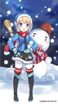 blonde_hair blue_eyes blush broom coat jin_young-in looking_at_viewer million_arthur_(series) mittens open_mouth pantyhose scarf short_hair snowing snowman solo thighhighs winter_clothes winter_coat 