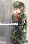  america american_flag artist_name assault_rifle bad_id bad_pixiv_id blush brown_hair car-15 drinking drinking_straw dutchko gloves goggles goggles_on_head green_eyes gun helmet hi-c juice_box knee_pads leaning leaning_back looking_at_viewer military military_uniform original rifle short_hair sling soldier solo standing throat_microphone translated uniform us_army war weapon 