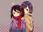  :d black_hair bow coat green_eyes hair_bow hair_ribbon long_hair love_live! love_live!_school_idol_project misoni_comi multiple_girls open_mouth purple_hair red_eyes ribbed_sweater ribbon scarf smile sweat sweater toujou_nozomi twintails winter_clothes winter_coat yazawa_nico 