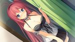  antenna_hair ao_no_kanata_no_four_rhythm arm_garter bare_shoulders black_legwear blue_eyes blush breasts choker cleavage curtain_grab curtains dutch_angle full-face_blush game_cg hair_intakes jewelry kurashina_asuka large_breasts long_hair looking_at_viewer necklace one_side_up pink_hair smile solo suzumori thighhighs very_long_hair zettai_ryouiki 