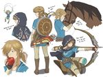  aiming apple arrow blonde_hair blue_eyes boots bow_(weapon) collage earrings eating fingerless_gloves food fruit gloves hood horse jewelry knee_boots korean link mimme_(haenakk7) parachute pointy_ears quiver shield solo the_legend_of_zelda the_legend_of_zelda:_breath_of_the_wild translation_request vambraces weapon zelda_wii_u 