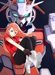  absurdres adjusting_clothes aida_rayhunton boots cleavage_cutout g-arcane gloves green_eyes gundam gundam_g_no_reconguista hair_ornament highres jpeg_artifacts long_hair looking_at_viewer mecha open_mouth orange_hair parted_lips pink_hair smile wing_(wingho) zero_gravity 