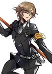  amada_ken armband brown_hair kaneaki_mukku male_focus older persona persona_4:_the_ultimate_in_mayonaka_arena persona_4:_the_ultimax_ultra_suplex_hold polearm school_uniform solo staff teenage weapon 