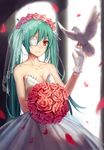  bad_id bad_pixiv_id bare_shoulders bird blurry bouquet breasts cleavage collarbone depth_of_field dress eyepatch flower gloves green_hair hatsune_miku long_hair looking_at_viewer medium_breasts parted_lips petals pigeon red_eyes rose smile solo soulkiller twintails veil vocaloid wedding_dress white_gloves 