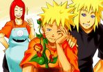  3girls apron blonde_hair blue_eyes commentary_request habanero habanero-tan long_hair multiple_boys multiple_girls namikaze_minato naruto naruto_(series) one_eye_closed red_hair short_hair smile sunahara_wataru uzumaki_kushina uzumaki_naruto what_if 