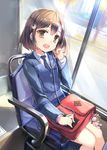  :d bag bag_charm bench brown_eyes brown_hair bus bus_interior charm_(object) earphones ground_vehicle jin_young-in looking_at_viewer motor_vehicle open_mouth original school_bag school_uniform short_hair sitting smile solo 