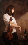  bangs book bottle brown_hair dress_shirt flower frilled_skirt frills imai_takahiro instrument oil_painting_(medium) original pantyhose realistic shirt skirt sleeves_rolled_up solo traditional_media violin wine_bottle 