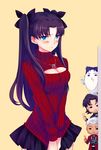  3boys archer black_hair blood blue_eyes blush breasts chibi cleavage fate/stay_night fate_(series) ghost hair_ribbon highres jewelry kotomine_kirei lancer large_breasts meme_attire multiple_boys necklace nosebleed open-chest_sweater ribbon sweater thumbs_up toosaka_rin two_side_up yaoshi_jun 