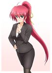  blue_eyes breasts coat diesel-turbo formal hand_on_hip jacket large_breasts long_hair lyrical_nanoha miniskirt pant_suit pantyhose pencil_skirt pink_hair ponytail signum skirt skirt_suit solo suit very_long_hair 