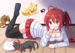  angora_rabbit animal antenna_hair black_legwear brand_name_imitation breasts bunny cat cleavage cleavage_cutout dog eating food fox gekkan_shoujo_nozaki-kun gochuumon_wa_usagi_desu_ka? gugure!_kokkuri-san hair_ribbon inugami_(gugukoku) kazenokaze kokkuri-san_(gugukoku) large_breasts looking_at_viewer lulette_naomi_(kazenokaze) lying meme_attire nichijou on_stomach open-chest_sweater original pleated_skirt pocky raccoon red_eyes red_hair ribbed_sweater ribbon sakamoto_(nichijou) side_ponytail skirt sweater tanuki thighhighs tippy_(gochiusa) wooden_floor zettai_ryouiki 