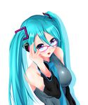  adjusting_eyewear aqua_eyes aqua_hair bare_shoulders bespectacled blush breasts detached_sleeves glasses hatsune_miku headphones highres kawahara_no_keidai large_breasts long_hair necktie pink-framed_eyewear solo twintails vocaloid 