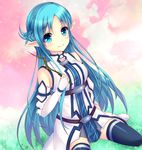  asuna_(sao) asuna_(sao-alo) blue_eyes blue_hair long_hair pointy_ears saotome_mirai sitting sword_art_online thighhighs wariza 