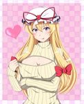  :p absurdres blonde_hair blush breast_rest breasts checkered checkered_background cleavage clothes_tug hat hat_ribbon heart highres kyoukyan large_breasts long_hair meme_attire mob_cap open-chest_sweater purple_eyes ribbed_sweater ribbon smile solo sweater sweater_tug tongue tongue_out touhou turtleneck upper_body yakumo_yukari 