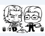  33paradox =_= axe chibi facial_hair glasses jar joseph_oda monochrome multiple_boys sebastian_castellanos stubble the_evil_within vest waistcoat weapon 