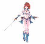  alternate_costume armor bikini_armor boots breasts brown_hair cleavage earrings fingerless_gloves full_body gloves jewelry kaze_no_tani_no_nausicaa large_breasts nausicaa scabbard sheath solo standing sword tamago_tomato weapon white_background 