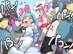  2girls bestiality blush boris_(noborhys) breast_grab breasts doggystyle eyes_closed grabbing group_sex gym_leader happy_sex koruni_(pokemon) lucario lucia_(pokemon) multiple_girls one_eye_closed orgy pokemon pokemon_(game) pokemon_oras pokemon_xy striped striped_legwear text thighhighs translation_request 