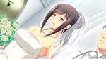  1girl bare_shoulders black_hair blush bouquet breasts bridal_veil bride collarbone dress earrings flower fukushuu_no_honoo_wa_ingoku_no_yami_ni_moe game_cg hair_bun highres jewelry large_breasts long_hair looking_at_viewer necklace purple_eyes ribahara_aki smile standing veil wedding_dress 