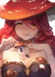  bare_shoulders blush breasts cleavage large_breasts licking_lips lips long_hair looking_at_viewer mushroom mushroom_girl original personification red_hair smile solo tongue tongue_out upper_body veryberry00 yellow_eyes 