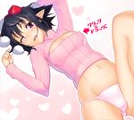  alternate_costume black_hair blush breasts cleavage cleavage_cutout hat long_sleeves looking_at_viewer medium_breasts meme_attire navel one_eye_closed open-chest_sweater open_mouth panties pink_eyes pink_panties pointy_ears ribbed_sweater shameimaru_aya short_hair smile solo sweater taketora_suzume tokin_hat touhou translated trolling turtleneck underwear 