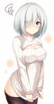  1girl black_legwear blue_eyes blush breasts cleavage cleavage_cutout clothes_pull hair_ornament hair_over_one_eye hairclip hamakaze_(kantai_collection) highres kantai_collection large_breasts long_sleeves looking_at_viewer no_pants open-chest_sweater ribbed_sweater short_hair simple_background sweatdrop sweater sweater_pull tomoo_(tomo) white_hair 