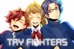  2boys bad_id bad_pixiv_id blazer blue_eyes blue_hair brown_eyes brown_hair closed_eyes gakuran glasses gundam gundam_build_fighters gundam_build_fighters_try hoshino_fumina jacket kamiki_sekai kousaka_yuuma multiple_boys one_eye_closed red_hair school_uniform shukure_(dammerung) 