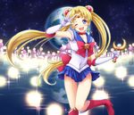  ;d back_bow bishoujo_senshi_sailor_moon blonde_hair blue_eyes blue_sailor_collar blue_skirt boots bow brooch castle choker covered_navel double_bun earrings earth elbow_gloves gloves hair_ornament hairpin holding holding_wand jewelry knee_boots long_hair maboroshi_no_ginzuishou magical_girl mitsucho moon_stick one_eye_closed open_mouth planet pleated_skirt red_bow red_choker ribbon sailor_collar sailor_moon sailor_senshi_uniform skirt smile solo tsukino_usagi twintails v wand white_gloves 