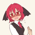  3692materia alternate_hair_length alternate_hairstyle bat_wings bespectacled blush collared_shirt dress_shirt drunk empty_eyes glasses head_wings koakuma necktie nose_blush red_eyes red_hair shirt short_hair simple_background solo touhou upper_body vest wavy_mouth white_background white_shirt wings 